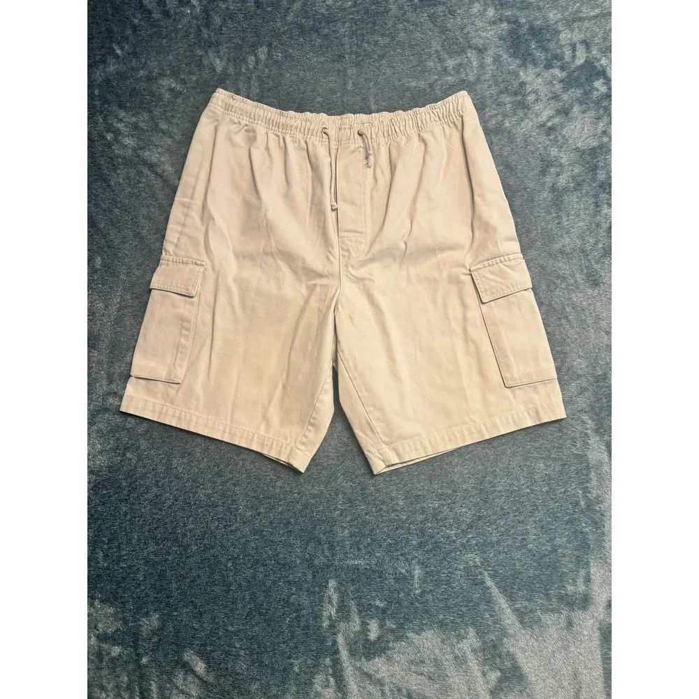 Bugle Boy Mens Tan Khaki 100% Cotton Elastic Waist Cargo Shorts Size Medium